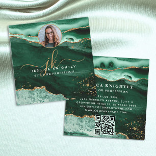 Tarjeta De Visita Cuadrada Guión de Purpurina Green Agate Gold Photo QR