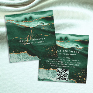 Tarjeta De Visita Cuadrada Guión del Purpurina de oro del Agate Verde Monogra