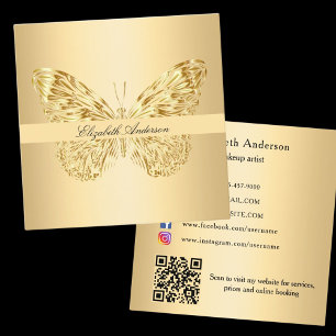 Tarjeta De Visita Cuadrada Guión elegante del código QR de oro de mariposa