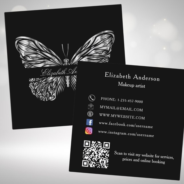 Tarjeta De Visita Cuadrada Guión elegante del código QR de plata negra de mar (Subido por el creador)