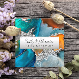 Tarjeta De Visita Cuadrada Guión estilo acuarela de mármol turquesa plateado