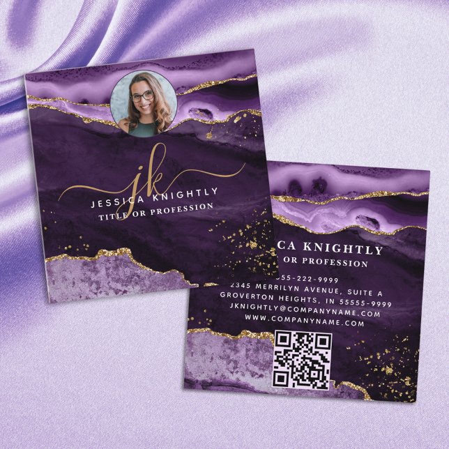 Tarjeta De Visita Cuadrada Guión Purpurina Purple Agate Gold Foto QR (Subido por el creador)