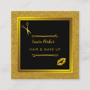 Tarjeta De Visita Cuadrada Hair Makeup Purpurina estilista Gold Faux Black