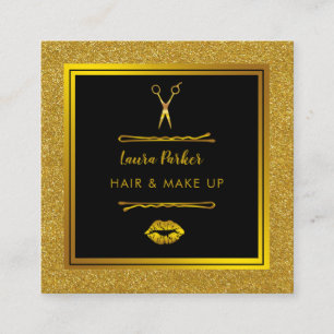 Tarjeta De Visita Cuadrada Hair Makeup Purpurina estilista Gold Faux Black
