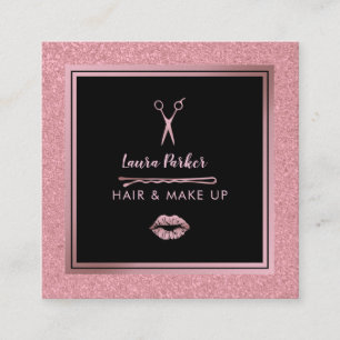 Tarjeta De Visita Cuadrada Hair Makeup Rosa elegante Faux Purpurina negro de 