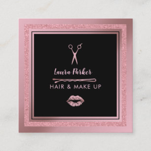 Tarjeta De Visita Cuadrada Hair Makeup Rosa elegante Faux Purpurina negro de 