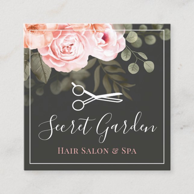 Tarjeta De Visita Cuadrada Hair Salon Elegante Rosa Floral Elegante (Anverso)