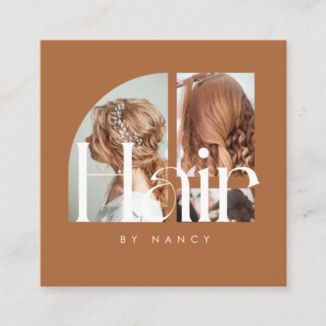 Tarjeta De Visita Cuadrada Hair Salon Photo Collage Terracotta  (Anverso)
