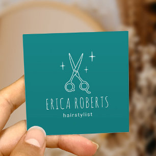 Tarjeta De Visita Cuadrada Hair Stylist Cute Minimalista Scissor Salon Verde 