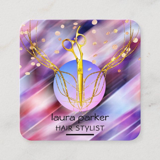 Tarjeta De Visita Cuadrada Hair Stylist Gold Scissors Purple Moon Salon (Anverso)