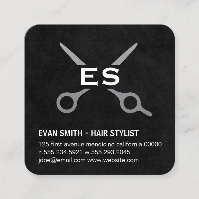Tarjeta De Visita Cuadrada Hair Stylist | Inicial | Barber (Anverso)