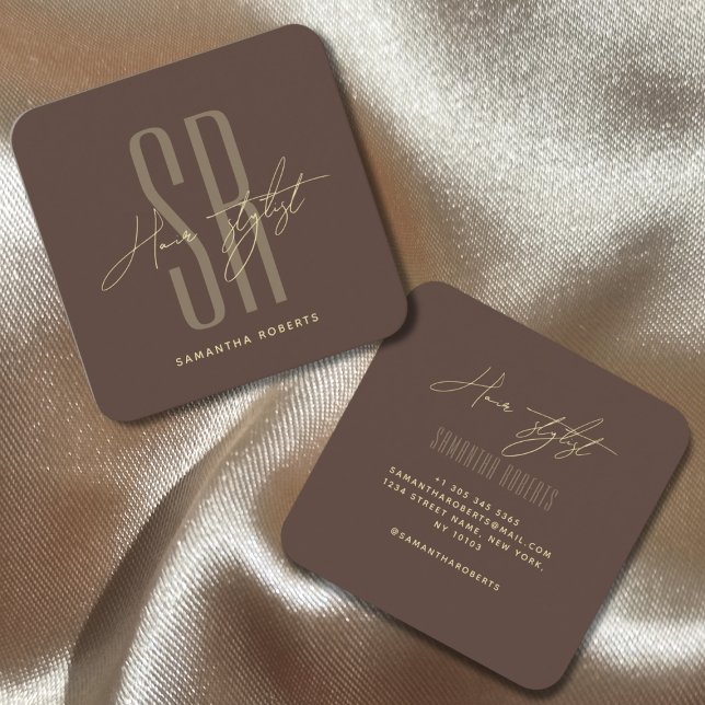 Tarjeta De Visita Cuadrada Hair stylist modern brown monogram initials (Subido por el creador)