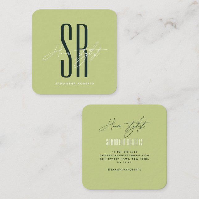 Tarjeta De Visita Cuadrada Hair stylist modern green monogram initials (Anverso / Reverso)