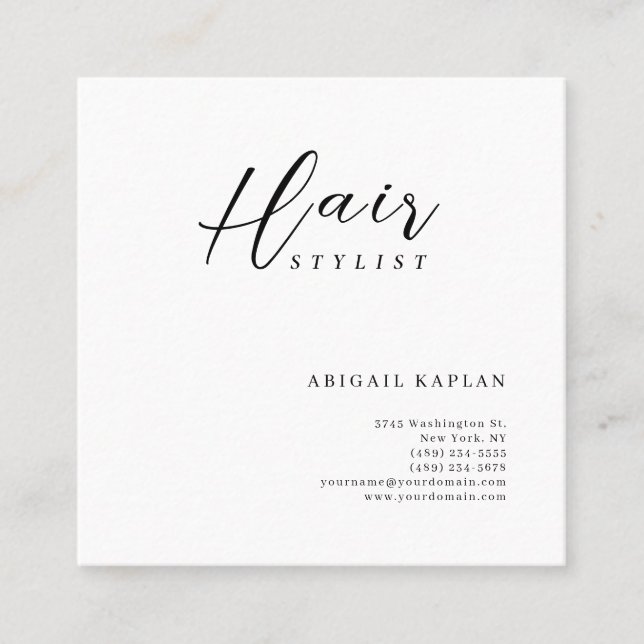 Tarjeta De Visita Cuadrada Hair Stylist Modern Minimalist Elegant Plain (Anverso)