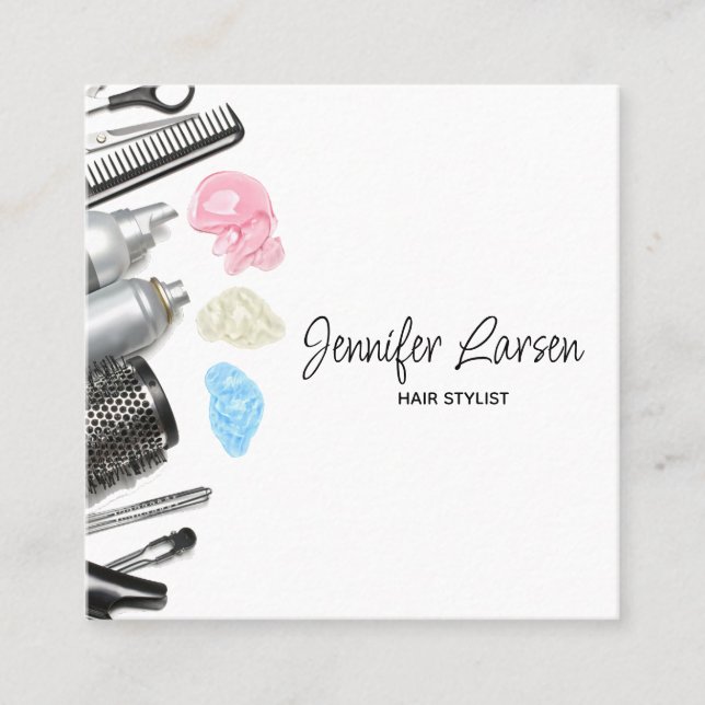 Tarjeta De Visita Cuadrada Hair Stylist Salon Tools Beauty (Anverso)