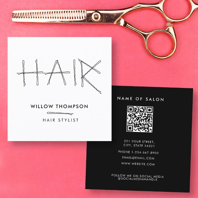 Tarjeta De Visita Cuadrada Hairdresser Black Bobby Pins Hair Stylist (Hairdresser Black White Bobby Pins Hair Stylist Square Business Card)