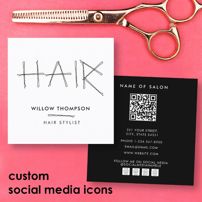 Tarjeta De Visita Cuadrada Hairdresser Black Bobby Pins Hair Stylist (Hairdresser Black White Bobby Pins Hair Stylist Square Business Card)