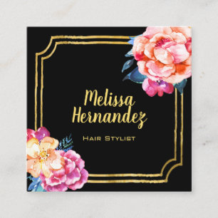 Tarjeta De Visita Cuadrada Hairstylista profesional Flour Pink Black Gold