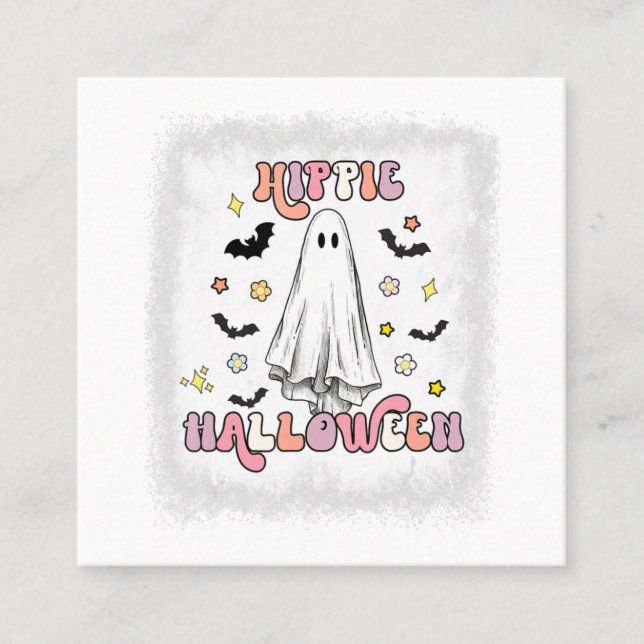 Tarjeta De Visita Cuadrada Halloween Ghost Boo Hippie Hippie Halloween Retro  (Anverso)