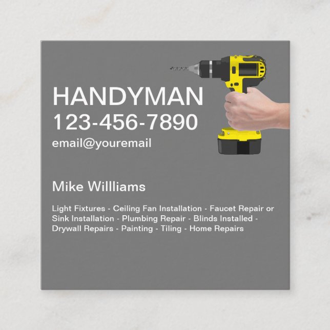 Tarjeta De Visita Cuadrada Handyman sujeta una herramienta de mano de taladro (Anverso)