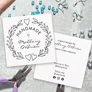 Tarjeta De Visita Cuadrada Hecho a mano por Doodle Wreath Corazones y Follaje