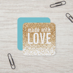 Tarjeta De Visita Cuadrada HECHO CON AMOR lindo confetti oro purpurina azul