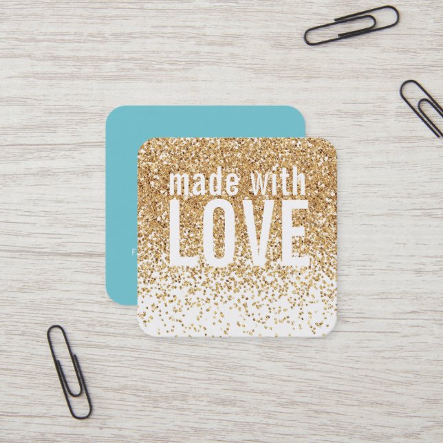 Tarjeta De Visita Cuadrada HECHO CON AMOR lindo confetti oro purpurina azul (Anverso/Reverso In Situ)