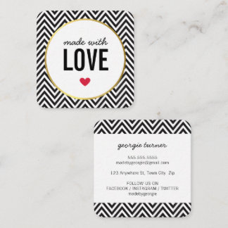 Tarjeta De Visita Cuadrada HECHO CON AMOR lindo embalaje chevron blanco negro