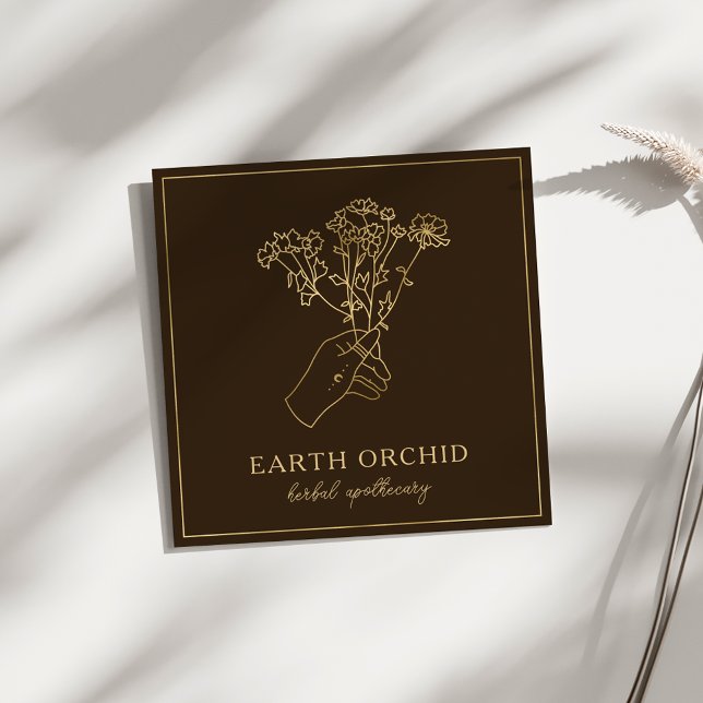 Tarjeta De Visita Cuadrada Herbal + Floral Apothecary Gold & Brown (Subido por el creador)