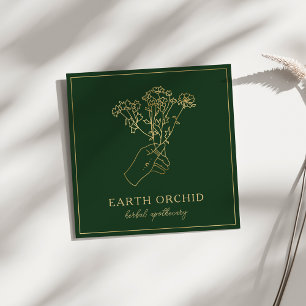 Tarjeta De Visita Cuadrada Herbal + Floral Avalado Oro y Verde