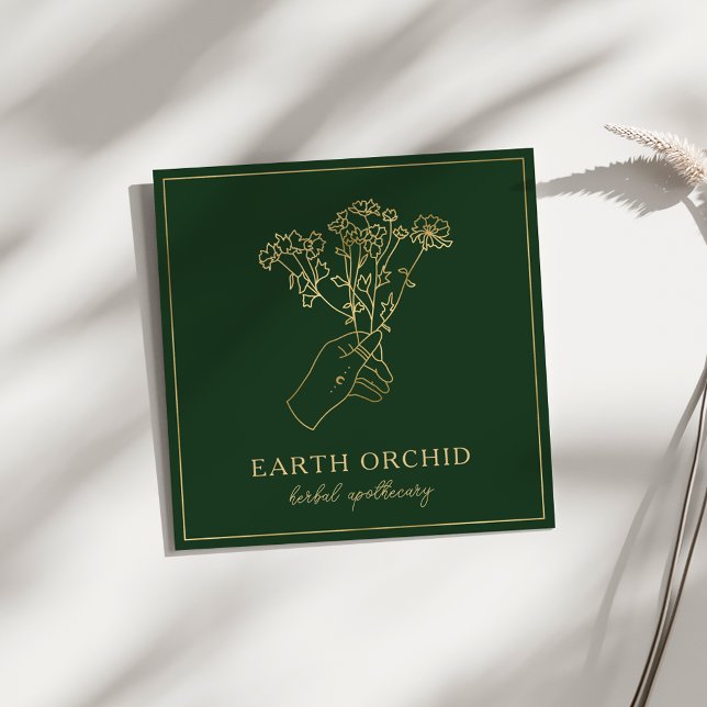 Tarjeta De Visita Cuadrada Herbal + Floral Avalado Oro y Verde (Subido por el creador)