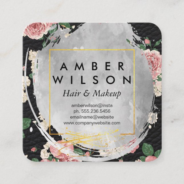 Tarjeta De Visita Cuadrada Hermosa acuarela Relieve metalizado dorado floral (Anverso)