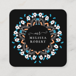 Tarjeta De Visita Cuadrada Hermosa Floral Azul Mandala Mármol Monogramado