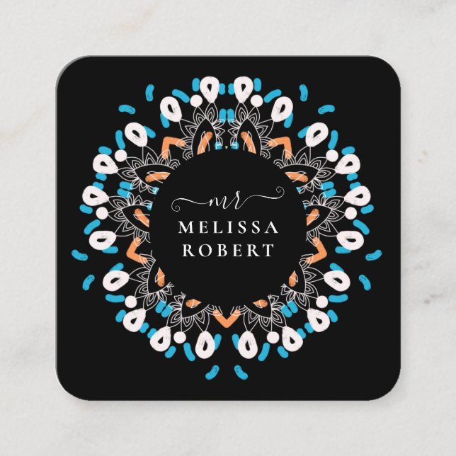 Tarjeta De Visita Cuadrada Hermosa Floral Azul Mandala Mármol Monogramado (Anverso)