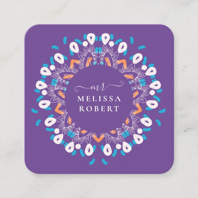 Tarjeta De Visita Cuadrada Hermosa morada floral Mandala Mármol Monogramado (Anverso)