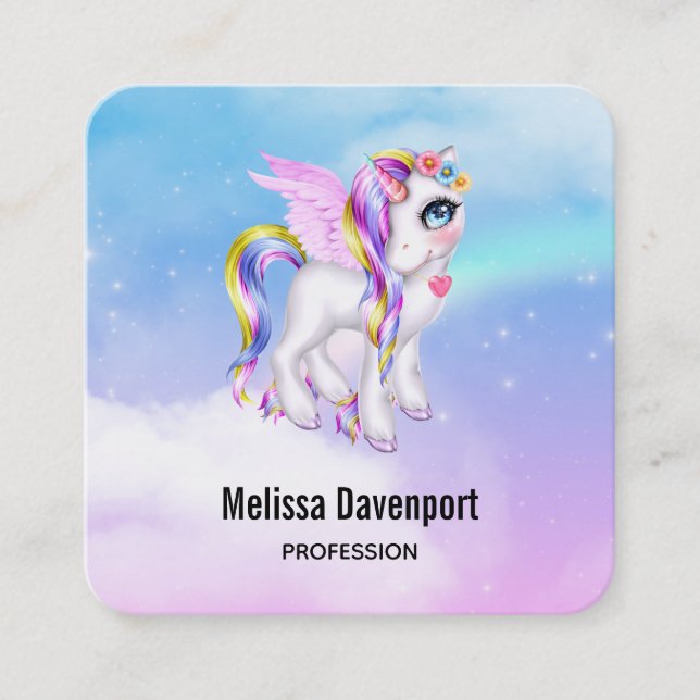 Tarjeta De Visita Cuadrada Hermosa unicornio con arcoiris (Anverso)