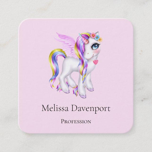 Tarjeta De Visita Cuadrada Hermosa unicornio con arcoiris (Anverso)