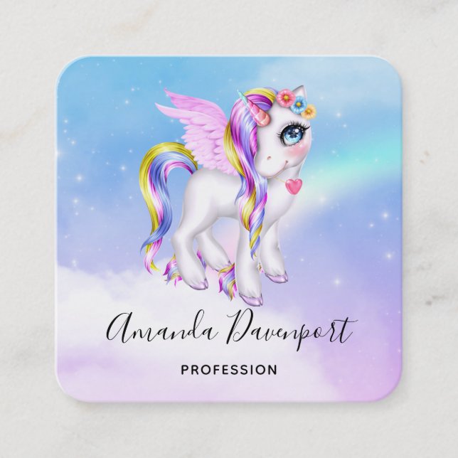 Tarjeta De Visita Cuadrada Hermosa unicornio con arcoiris (Anverso)