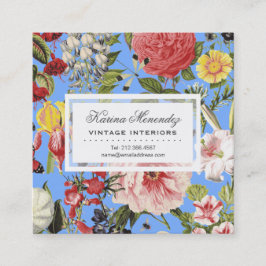 Tarjeta De Visita Cuadrada Hermosas Flores e Insectos Azul Floral Jardín