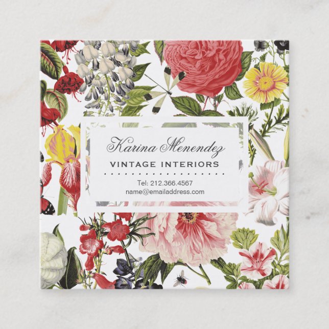 Tarjeta De Visita Cuadrada Hermosas flores e insectos flores de jardín (Anverso)