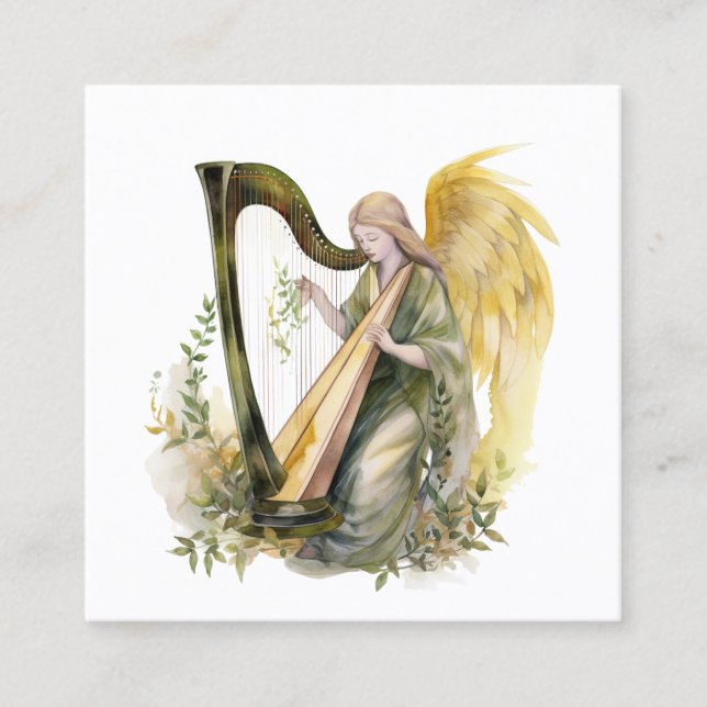 Tarjeta De Visita Cuadrada Hermoso Ángel Jugando Harp Watercolor (Anverso)