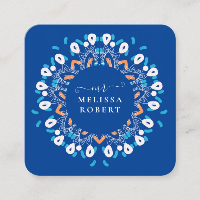 Tarjeta De Visita Cuadrada Hermoso cielo azul Floral Mandala Marble