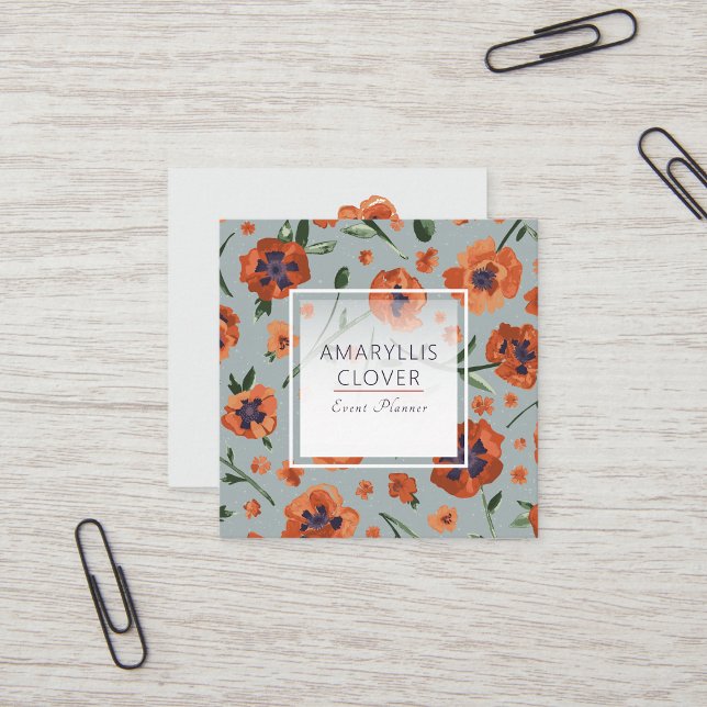 Tarjeta De Visita Cuadrada Hermoso Personalizable Naranja Poppies (Exquisite Hand-Painted Orange Oriental Poppies Square Business Card from Studio Posies)