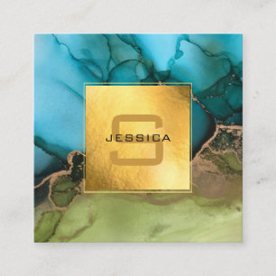 Tarjeta De Visita Cuadrada Hermoso Relieve metalizado dorado Verde azulado Mo