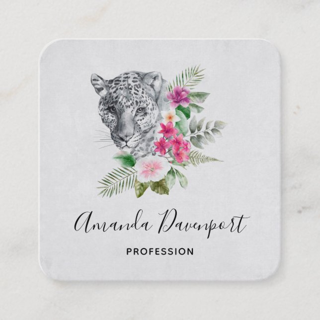 Tarjeta De Visita Cuadrada Hermoso retrato de cabeza de leopardo en acuarela (Anverso)