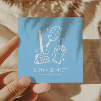 Tarjeta De Visita Cuadrada Herramientas de limpieza personalizadas azules lin