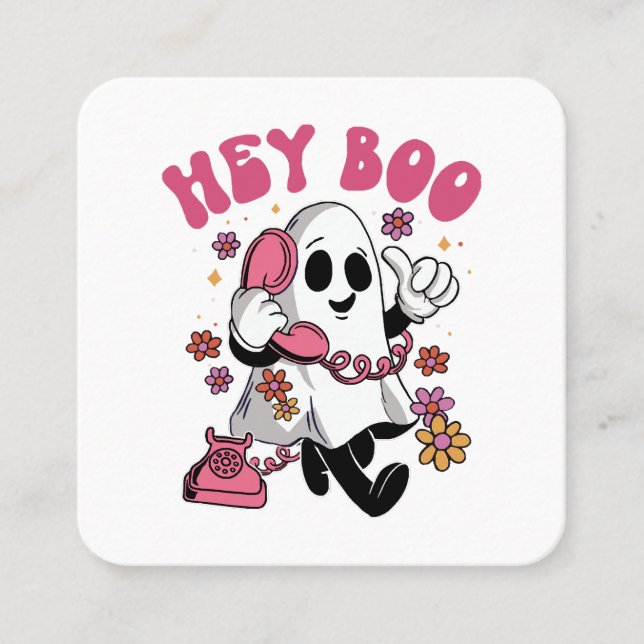 Tarjeta De Visita Cuadrada Hey Boo - Groovy Ghost Halloween (Anverso)