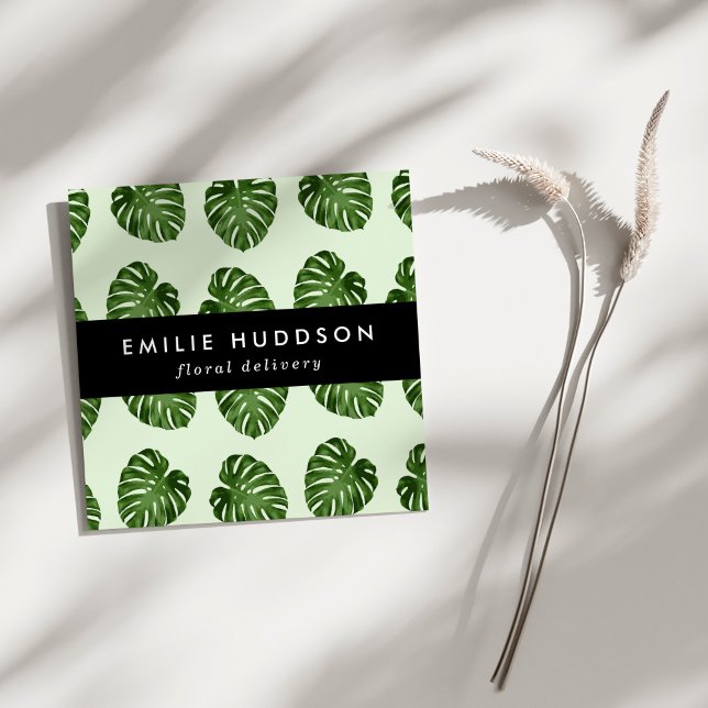 Tarjeta De Visita Cuadrada Hojas de palma, hojas verdes, flores (Subido por el creador)