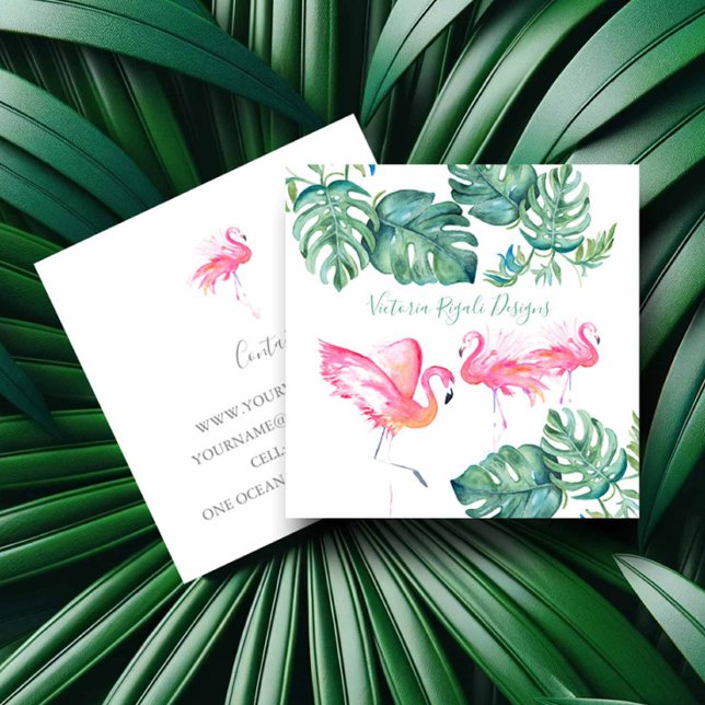 Tarjeta De Visita Cuadrada Hojas de palma rosadas trópicas (Tropical business cards with watercolor pink flamingos and palm leaves by Victoria Grigaliunas)