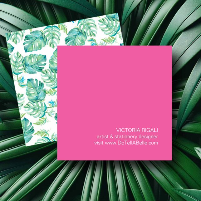 Tarjeta De Visita Cuadrada Hojas tropicales de palma de Monstera (Girly business cards watercolor tropical monstera palm leaves by Victoria Grigaliunas)
